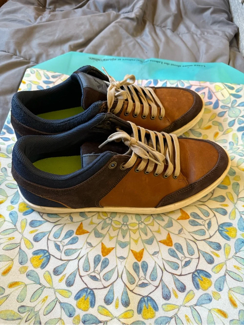 Men's Brown Leather & Dark Brown Low-Top Sneakers with Beige Laces